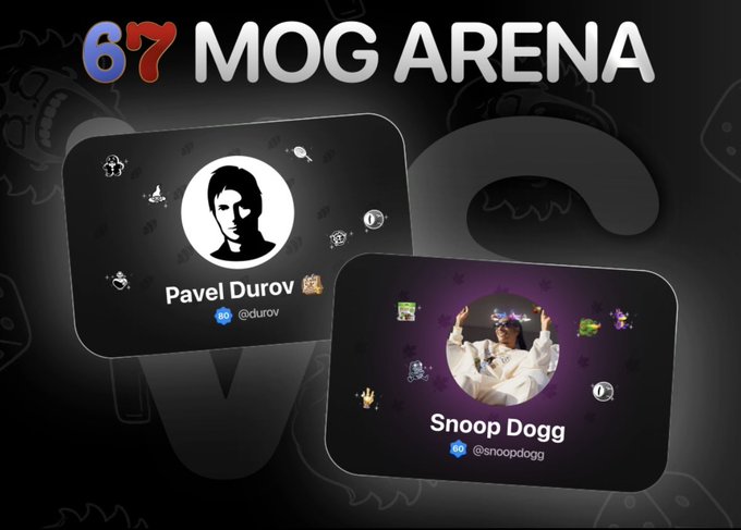 Promotional graphic for "67 MOG ARENA" featuring profile cards for Pavel Durov (@durov) and Snoop Dogg (@snoopdogg) with decorative stickers.