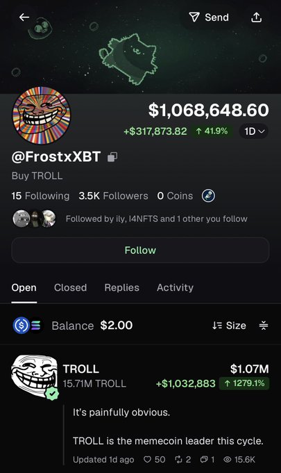 The image shows a trading profile for @FrostxXBT displaying a $1,068,648.60 portfolio (+41.9%) with a featured post declaring "TROLL is the memecoin leader this cycle" as $TROLL rallied 1279% to a $1.07M market cap, visually supporting the claim of top daily leaderboard performance highlighted in the caption.