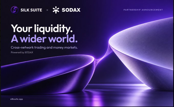 A promotional partnership announcement banner between "SILK SUITE" and "SODAX" with the tagline "Your liquidity. A wider world." and subtitle "Cross-network trading and money markets. Powered by SODAX," set against a purple abstract background.