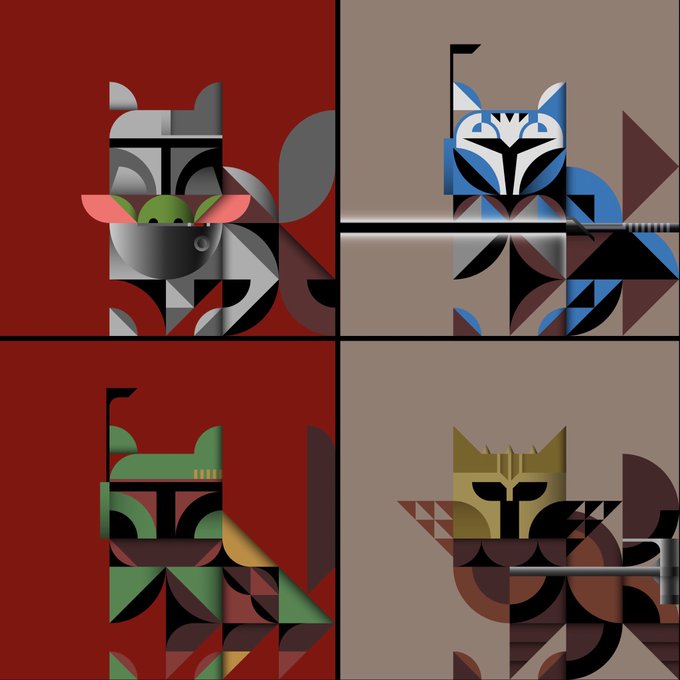 A four-panel geometric art piece featuring stylized, abstract cats in different colors—gray and green, blue and brown, green and yellow, and yellow and brown—set against red and beige backgrounds.
