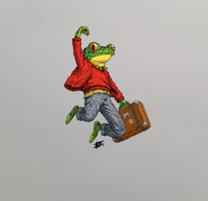 An anthropomorphic green frog wearing a red sweater and jeans leaps joyfully while clutching a brown suitcase, perfectly capturing the lively, travel-ready spirit of the $RIBBIT token as it gains momentum on Solana and trends on Dexscreener.