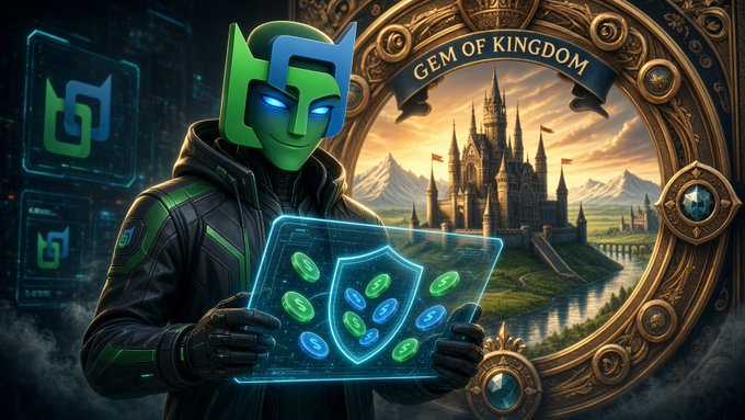 A fantasy-style digital artwork featuring a hooded character in a green mask holding a holographic shield with gems, alongside 'GEM OF KINGDOM' text and a castle landscape.