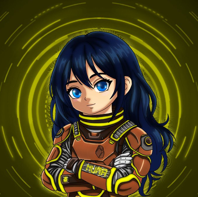 An anime-style illustration of a blue-haired female character wearing a futuristic orange and black armored suit with a yellow 'MUSIC' wristband, set against a swirling yellow-green tunnel background.