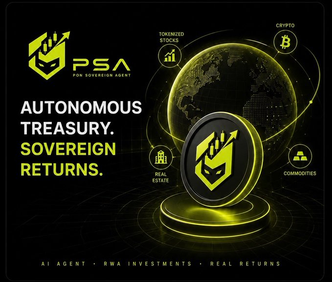 An advertisement graphic for 'PSA PON SOVEREIGN AGENT' promoting 'AUTONOMOUS TREASURY. SOVEREIGN RETURNS.' with icons for tokenized stocks, crypto, real estate, and commodities.