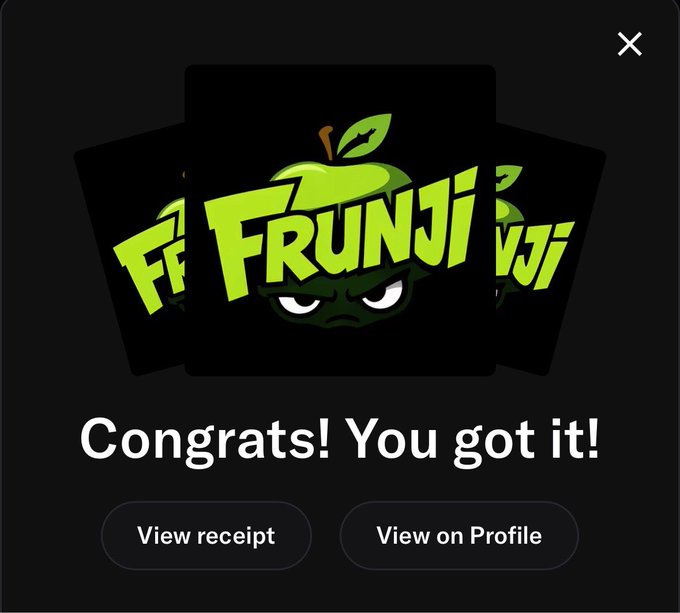 A celebratory pop-up winning screen displaying 'Congrats! You got it!' with Frunji NFT card designs featuring a green apple character, alongside 'View receipt' and 'View on Profile' buttons.