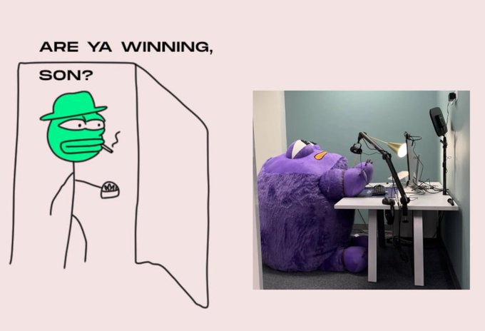 A green "Are ya winning, son?" meme character peers through a door at someone seated in a giant purple bean bag chair at a desk with microphones, with the post reading "Yes, $mon looking good." The image humorously suggests the poster is "winning" in the crypto/meme market with $MON.