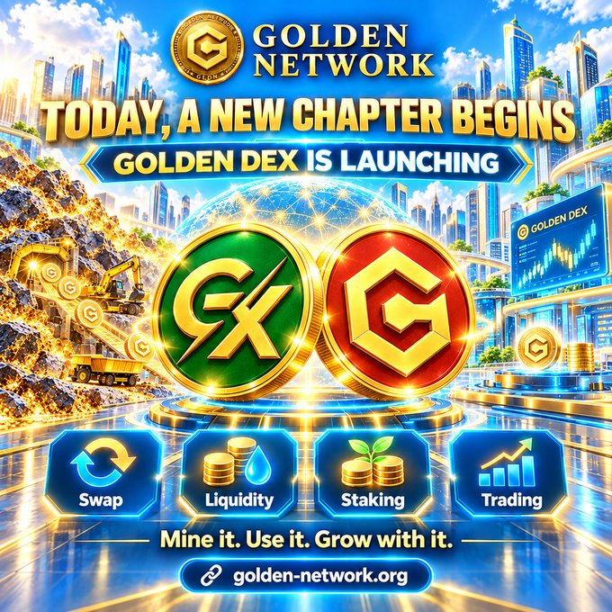 A promotional advertisement for 'Golden Network' announces 'TODAY, A NEW CHAPTER BEGINS' and the launch of 'GOLDEN DEX,' featuring icons for Swap, Liquidity, Staking, and Trading, with the URL golden-network.org.