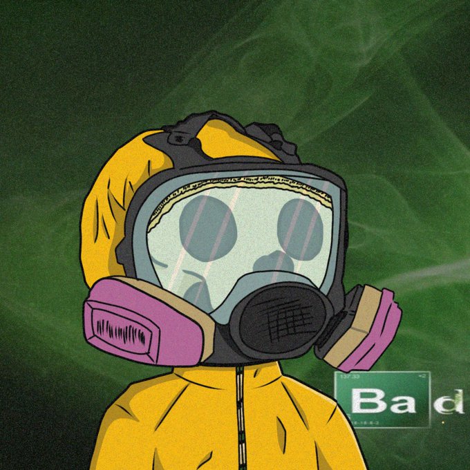 An illustrated figure in a yellow hazmat suit wears a gas mask with pink filters against a smoky green background, with a periodic element label showing 'Ba' (Barium) and atomic number 137.30 in the corner.