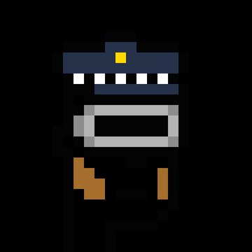 A pixel art character resembling a security guard or officer with a dark uniform, badge, and a featureless face against a black background.