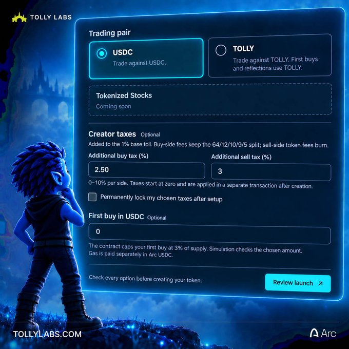 A screenshot from Tolly Labs showing a token creation interface with trading pair options for USDC and TOLLY, creator tax settings (2.50% additional buy tax, 3% additional sell tax), and a "First buy in USDC" field set to 0, with the USDC option selected and a "Review launch" button at the bottom, teasing the upcoming $TOLLY token launch hinted at in the post.