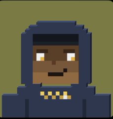 A pixel-art character with brown skin, white eyes, and a gold chain necklace is depicted wearing a dark hooded outfit, representing an "OG" NFT community member reflecting on the early days of the crypto space as shared in the accompanying post.