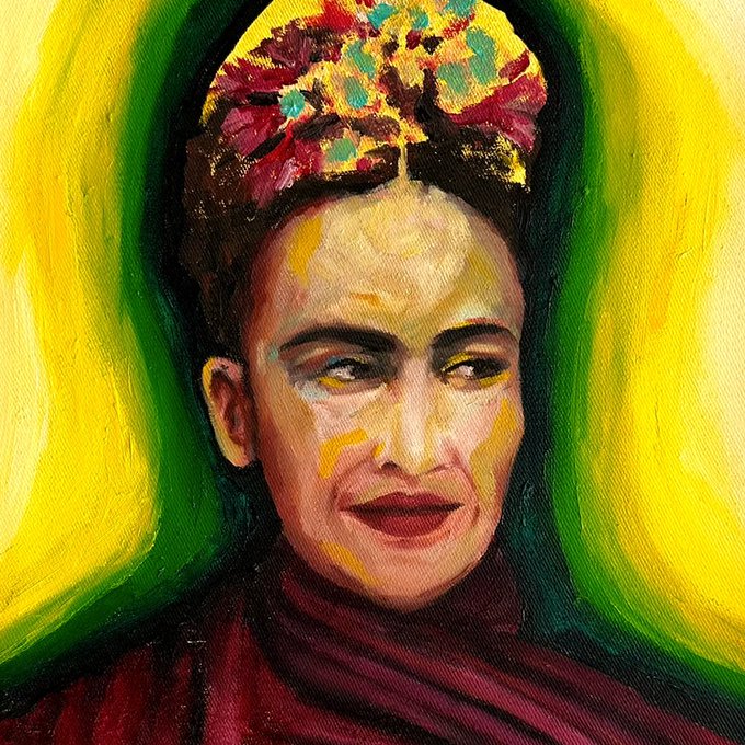 A colorful portrait painting of a woman with dark hair, a floral headpiece, and red lipstick, set against a vibrant yellow and green background.