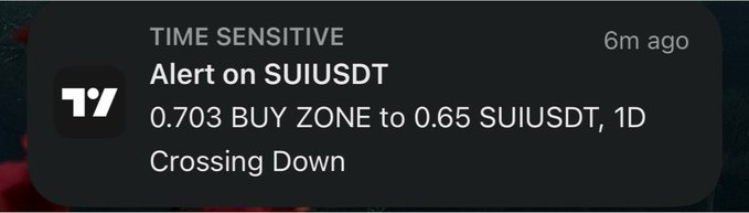 A mobile notification alert from 6 minutes ago displays a "TIME SENSITIVE" TradingView alert for SUIUSDT, indicating a 1D "Crossing Down" signal with a buy zone between 0.703 and 0.65, which directly corresponds to the post noting an alert for the buy zone on $SUI down to 0.65.