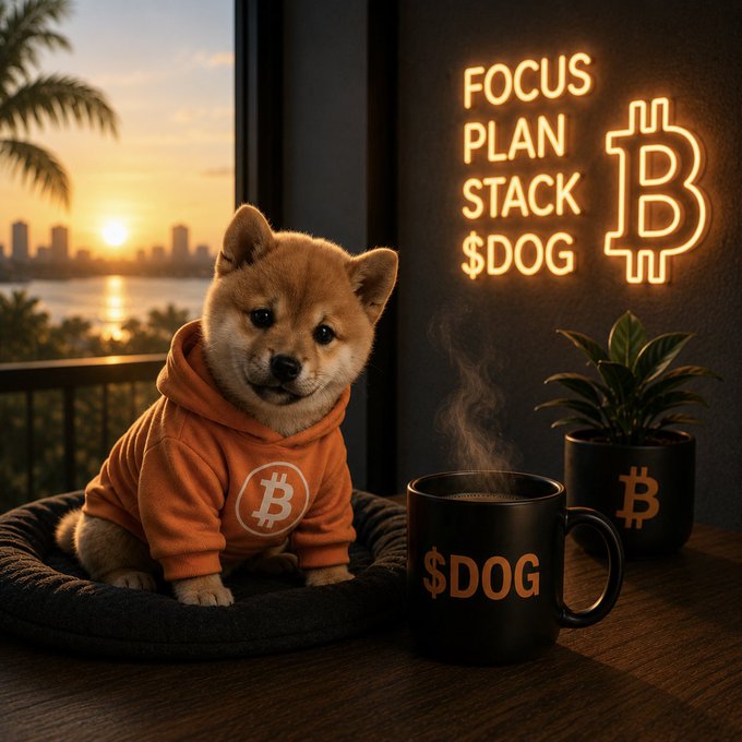 An AI-generated image shows a Shiba Inu puppy wearing an orange Bitcoin hoodie sitting next to a coffee mug labeled '$DOG', with a neon sign reading 'FOCUS PLAN STACK $DOG' next to a Bitcoin symbol.