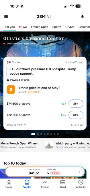 The image features an updated version of the command center app for predicting markets that has been optimized for mobile devices, making it accessible through various platforms like smartphones or tablets. The main focus of the app is on a new feature named "Gemini" that provides insights and forecasts based on news articles, allowing users to make informed decisions about their investments or financial strategies.