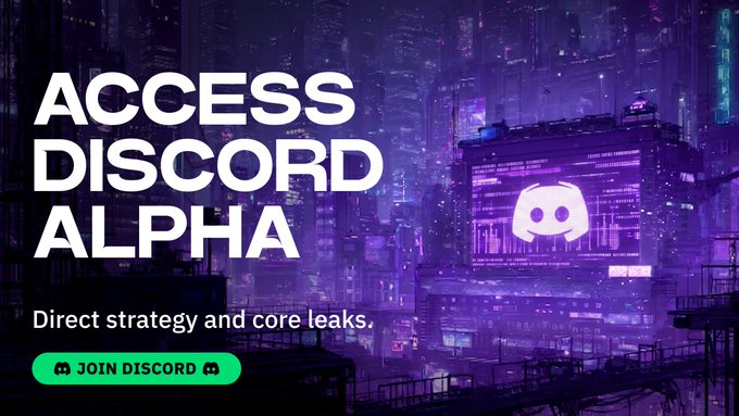 The image features an advertisement for a Discord server called "Access Discord Alpha". The background of the image is purple, with buildings visible through the window. The text on the image reads "Access Discord Community Alpha" and "Direct strategy and core leaks." This suggests that the image is promoting a Discord server specifically designed to help users share information and strategies in real-time for various purposes such as gaming or business management.