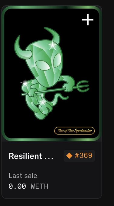 A digital trading card displaying a green gem-like devil character holding a trident, labeled 'Resilient' with #369, 'One of One Spectacular' and a last sale of 0.00 WETH.