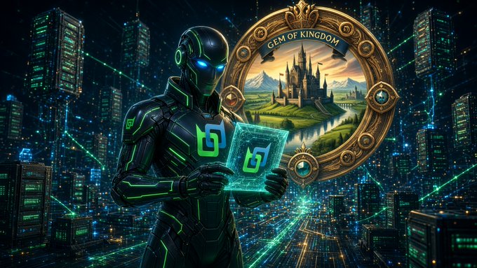 A futuristic black robot with glowing green accents holds a translucent cube displaying a 'G' logo, set against a cyberpunk cityscape with a portal showing a castle labeled 'GEM OF KINGDOM'.