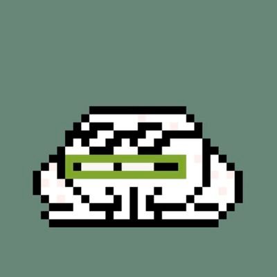 A pixel art drawing of a white helmet-like character with a green horizontal visor on a sage green background.