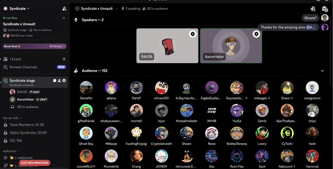 Screenshot of a Syndicate Hub live audio session titled "Syndicate x Unvault" with 2 speaking and 152 in audience, featuring speakers AaN3R and AaronHaber (marked as UWVT), alongside a chat message from "Blowie?" reading "Thanks for the amazing ama 🙏". The image visually corresponds to the post's announcement of a successful AMA with @AaronHaber from @unvault, showing the ~150+ audience members referenced in the caption.