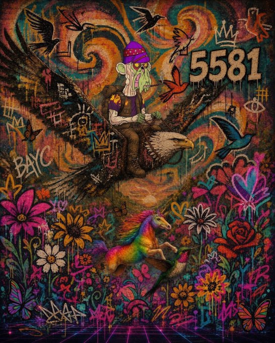 The image features a colorful painting of an eagle riding a unicorn, surrounded by various flowers and butterflies. The background includes graffiti art that reads "5280" and "BAYC", as well as the phrase "When others are fearful, I am greedy—buy the monkeys, then buy the ponies". This artwork seems to be related to cryptocurrency or blockchain technology, possibly featuring a digital painting of an eagle riding a unicorn. The post also mentions the idea of winning in the bear market and talking with foreign friends about Bored Ape NFTs.