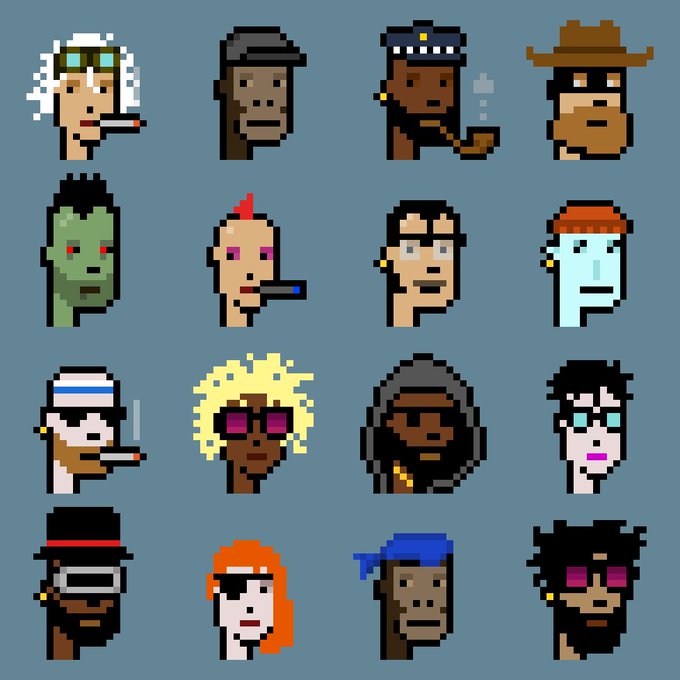 A 4x4 grid of 16 pixel art character portraits featuring various figures including a green zombie, a person with a red mohawk, a blonde with sunglasses, a gorilla, and others with distinct hairstyles and accessories.