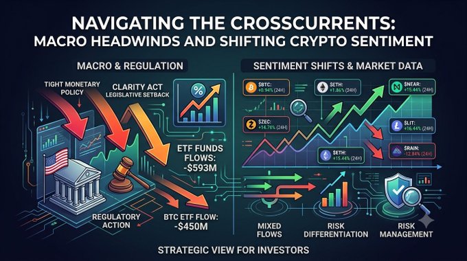 An infographic titled 'NAVIGATING THE CROSSCURRENTS: MACRO HEADWINDS AND SHIFTING CRYPTO SENTIMENT' divided into 'MACRO & REGULATION' (mentioning CLARITY ACT, ETF FUNDS FLOWS: -$593M, BTC ETF FLOW: -$450M) and 'SENTIMENT SHIFTS & MARKET DATA' panels, labeled 'STRATEGIC VIEW FOR INVESTORS'.