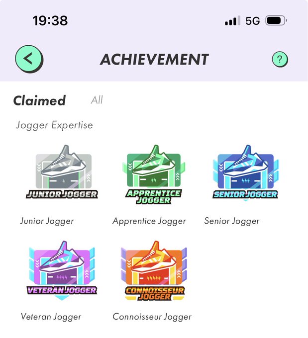 The image shows a phone screen displaying a list of achievements for different jogging accomplishments, including "climbed", "jogged", and "won" achievements. The achievements are represented by various colored icons, each representing a different accomplishment level or type of achievement.