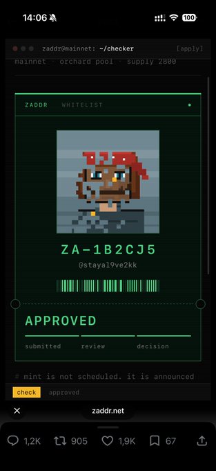 A smartphone screenshot of a zaddr.net whitelist checker interface displaying a pixel art avatar, the address "ZA-1B2CJ5", a barcode, and an "APPROVED" status with 1.9K likes.