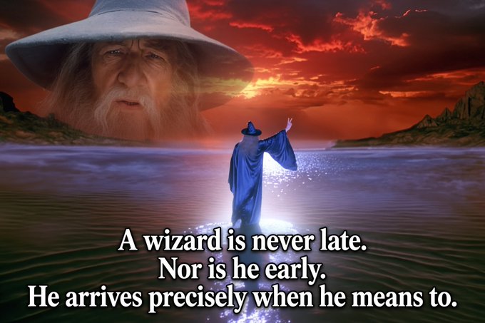 The image depicts Gandalf from *The Lord of the Rings* standing in water against a dramatic sunset, with his iconic quote: "A wizard is never late. Nor is he early. He arrives precisely when he means to."

The meme humorously personifies Solana (SOL) as Gandalf—suggesting that despite traders rotating into "ETH season" or "BNB season," SOL always returns to the spotlight precisely when it intends to, just as the wizard famously does.