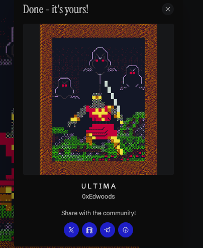 A mobile app screenshot showing pixel art with the text 'Done - it's yours!' at the top, featuring a warrior character with a sword labeled 'ULTIMA' with '0xEdwoods' below, and social sharing buttons at the bottom.