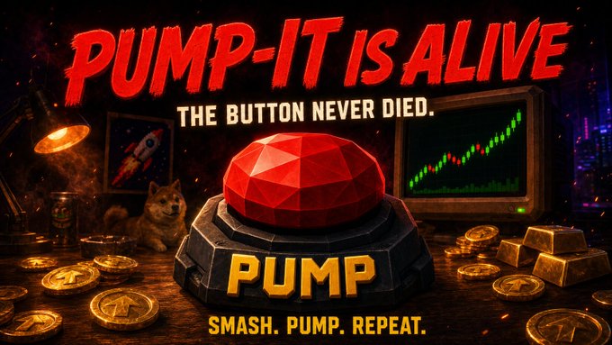A meme graphic reading 'PUMP-IT IS ALIVE - THE BUTTON NEVER DIED. SMASH. PUMP. REPEAT.' featuring a large red gem button on a desk with gold coins and a candlestick chart.