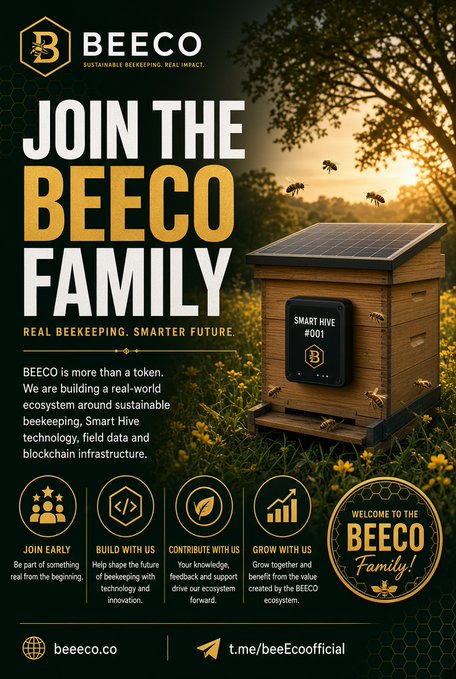 A promotional poster for 'BEECO' (beeco.co) inviting people to 'JOIN THE BEECO FAMILY' with text about sustainable beekeeping, smart hive technology, and blockchain infrastructure.