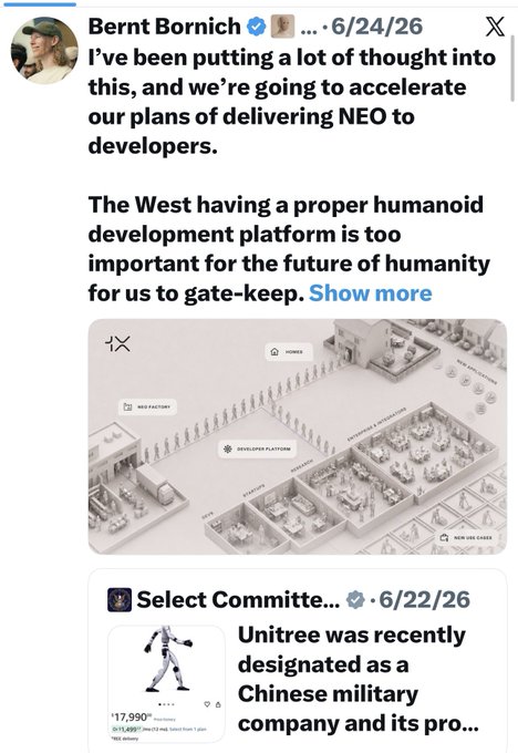 A Twitter/X post from Bernt Bornich (dated 6/24/26) discussing accelerating plans to deliver NEO humanoid robots to developers, with an attached image showing a humanoid development platform diagram.