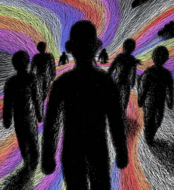 The image features a group of people walking away from the camera, with their silhouettes appearing as black lines against a colorful background. The colors used are vibrant and varied, creating an abstract and surreal atmosphere. The caption provided seems unrelated to the image itself and is likely meant to be a part of the post or context surrounding it.