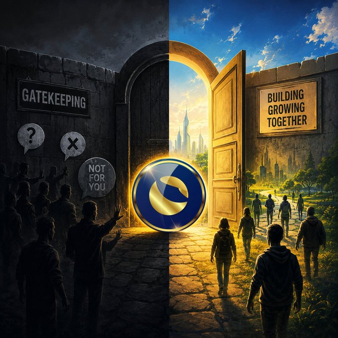 A split-scene illustration showing a gloomy 'GATEKEEPING' area on the left and a bright, welcoming 'BUILDING GROWING TOGETHER' landscape on the right, with a large logo sphere in the center doorway.