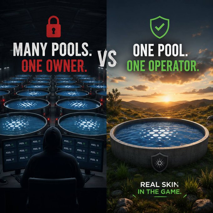A comparison graphic contrasts two cryptocurrency mining pool models: 'MANY POOLS. ONE OWNER.' depicted with a hooded figure monitoring numerous pools, versus 'ONE POOL. ONE OPERATOR. REAL SKIN IN THE GAME.' shown as a single open pool in a natural landscape.