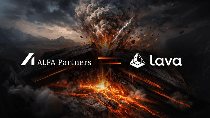 The image shows the "ALFA Partners" and "lava" logos connected by an equals sign, set against a dramatic backdrop of an erupting volcano with flowing lava and lightning. The visual powerfully reinforces the partnership's message, symbolizing how ALFA Partners' institutional-grade trading expertise combines with Lava's tokenized real-world asset infrastructure to deliver explosive, disciplined results across digital and traditional markets.