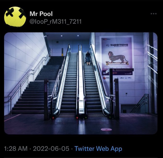 A Twitter post from Mr Pool (@looP_rM311_7211) on 2022-06-05 at 1:28 AM shows an image of empty escalators beside a "SUPERNOVA - Fresh Tracks" advertisement reading "Expect the Unexpected," with a person visible at the top of the escalator. The post notes this image represents "MORE 8/21 RIDDLER DELTAS JUST LINED UP" and references multiple clues including "Escalators + 'SUPERNOVA' + 'Expect the Unexpected' (1:28 > 8/21)."
