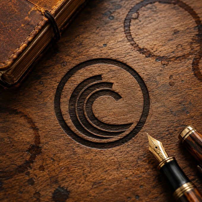 A weathered leather-bound book rests beside a fountain pen on a wooden surface, with an engraved crescent moon emblem carved into the wood, evoking themes of timeless knowledge and storytelling. The image complements the post's reflection on interconnected experiences and the flowing, collaborative nature of networks like BitTorrent, both representing how meaning and information unfold gradually over time.