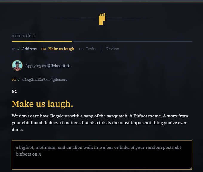 The image shows step 2 of 3 in a Bitfoot NFT application process, where the applicant (@Reboottttttt) is completing a "Make us laugh" prompt by writing a joke about a bigfoot, mothman, and alien walking into a bar. This relates to the accompanying post about minting a Bitfoot NFT on Zec with a total supply of 303, where applicants must complete tasks like filling out the website at apply.bitfoots.xyz.