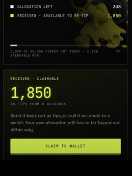 A screenshot of a Motion TipFi dashboard showing 1,850 claimable MOTION tokens earned from 10 tips across 8 accounts, with 338 allocation left and 2,169 of 50,000 tokens already tipped out, alongside a "Claim to Wallet" button. The image directly illustrates the earnings feature promoted in the post, demonstrating that users can accumulate and claim $MOTION rewards simply by tipping creators.