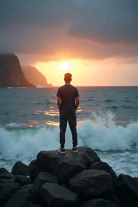 A person in a dark t-shirt and jeans standing on rocky terrain, silhouetted against a dramatic sunset over the ocean with crashing waves and cliffs.