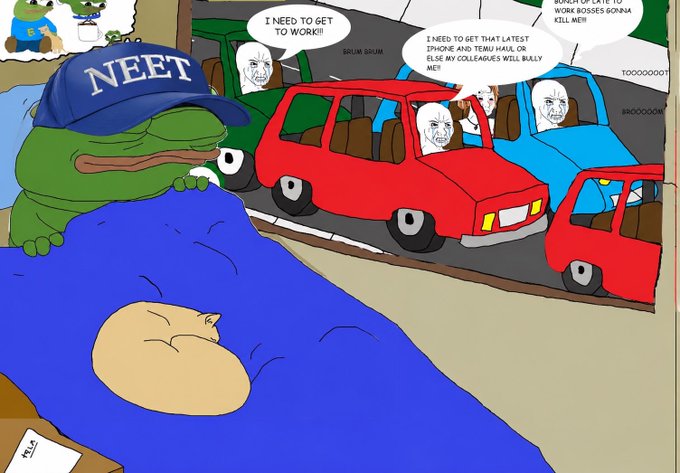 A cartoon frog, wearing a blue cap and holding a stick, sits on a bed with a blue blanket, accompanied by two cartoon cars and a cat.