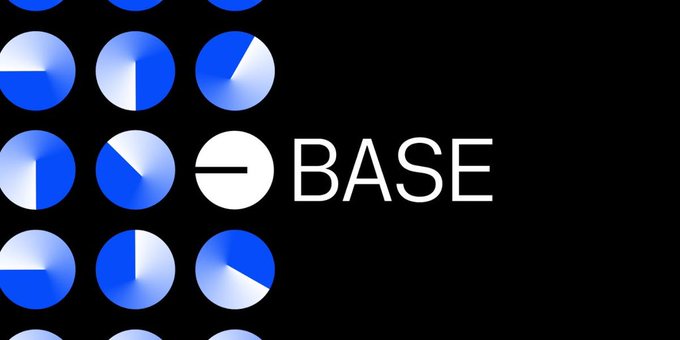 The image displays the Base logo, featuring a grid of blue and white gradient circles on the left and the word "BASE" in white text on a black background, visually representing the crypto project mentioned in the post about a potential Base network token airdrop.