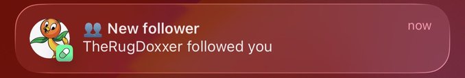 A mobile app notification indicating that user 'TheRugDoxxer' is a new follower, displayed against a dark red background.