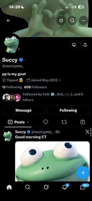 A Twitter/X profile page for "Succy (@succyzen)" with a bio reading "pp is my goat," showing a recent post of a green frog character saying "Good morning CT."