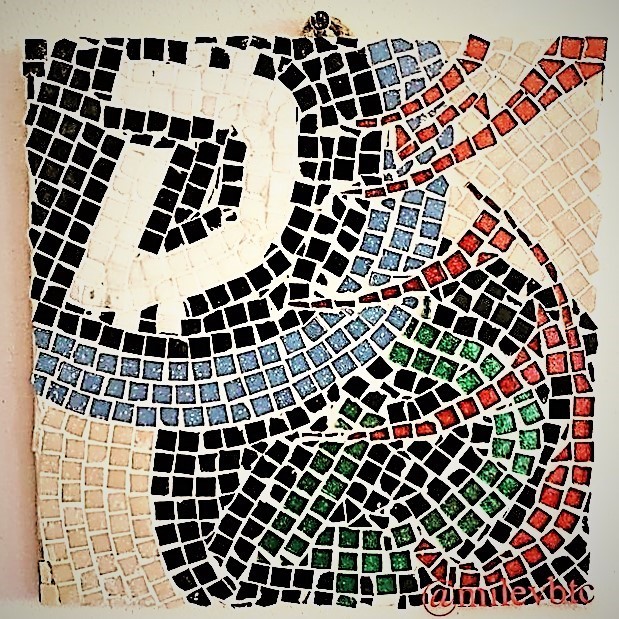 A mosaic artwork composed of small black, white, blue, red, green, and beige tiles forming an abstract figure, signed '@milexbtc' in the bottom right corner.