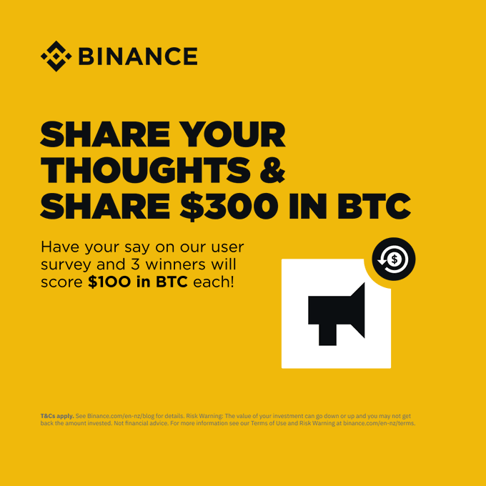 A yellow Binance promotional graphic reading 'SHARE YOUR THOUGHTS & SHARE $300 IN BTC' offering 3 winners $100 in BTC each for completing a user survey.
