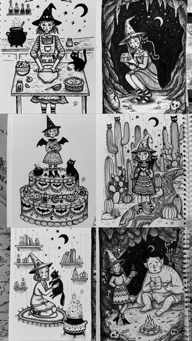 A collage of black-and-white illustrations depicting various witch characters in hats, shown baking, reading in caves, posing with cats and pumpkins, and sitting with a bear around a campfire.